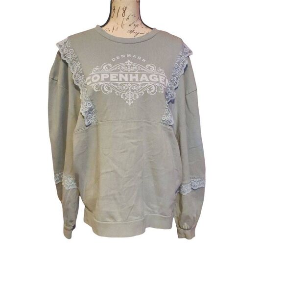 TopShop Women's Size 8 Sage Copenhagen Lace Ruffle Sweatshirt - Picture 2 of 8